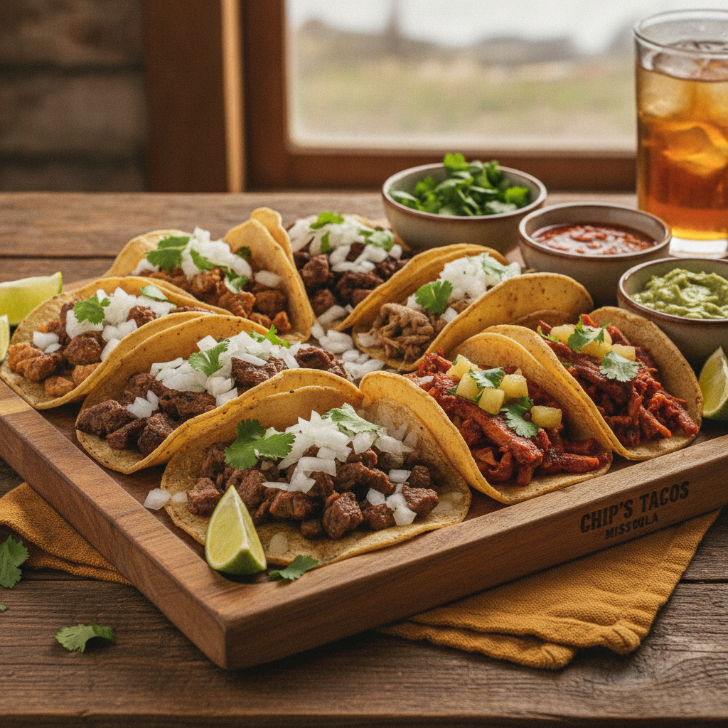 Platter of authentic Carne Asada and Al Pastor tacos with fresh lime and cilantro on a rustic table