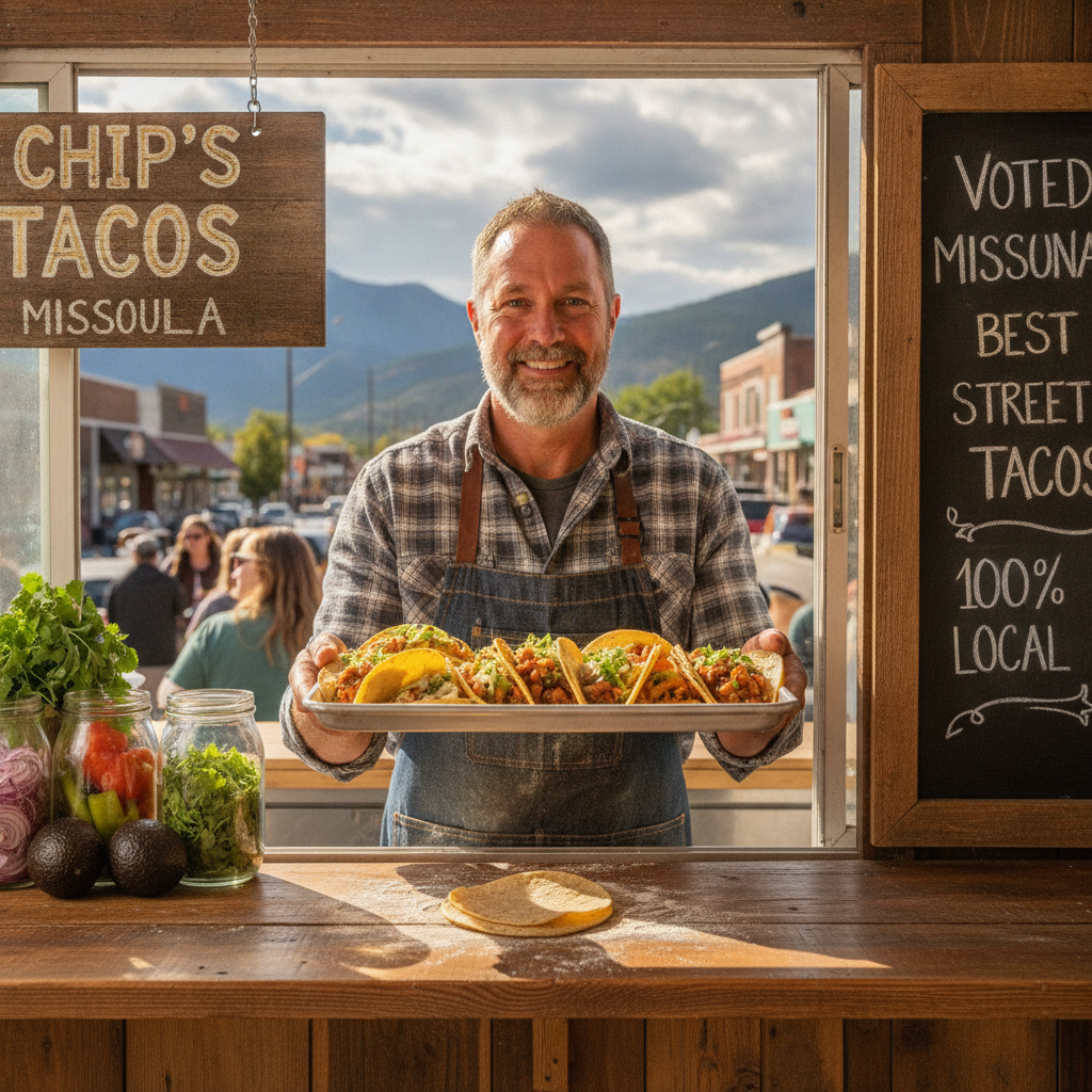 Owner of Chip's Tacos smiling confidently outside the Missoula Montana storefront