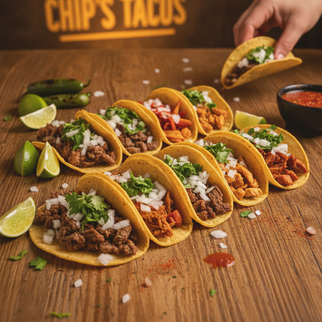 Freshly made authentic tacos with cilantro, onions, and lime wedges served on a rustic wooden table at Chip's Tacos