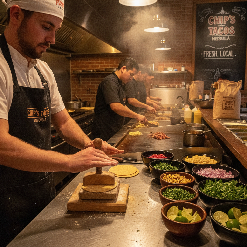 Chef pressing fresh corn tortillas by hand in the bustling kitchen
