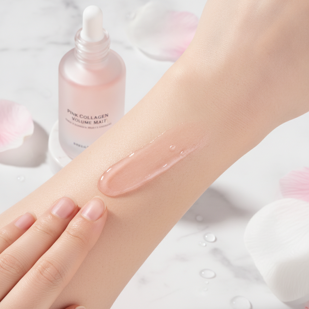 Medicube PDRN Pink Collagen Volume Multi Balm Stick displayed on soft pink background with rose petals, Korean anti-aging skincare product available for purchase