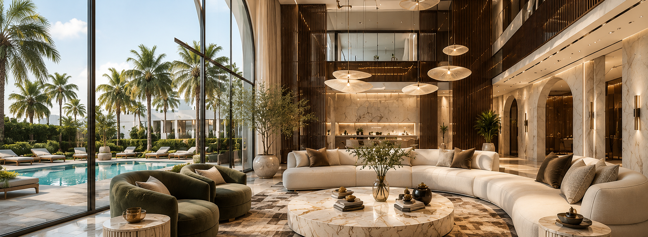 Premium double-height villa interior with warm architectural lighting