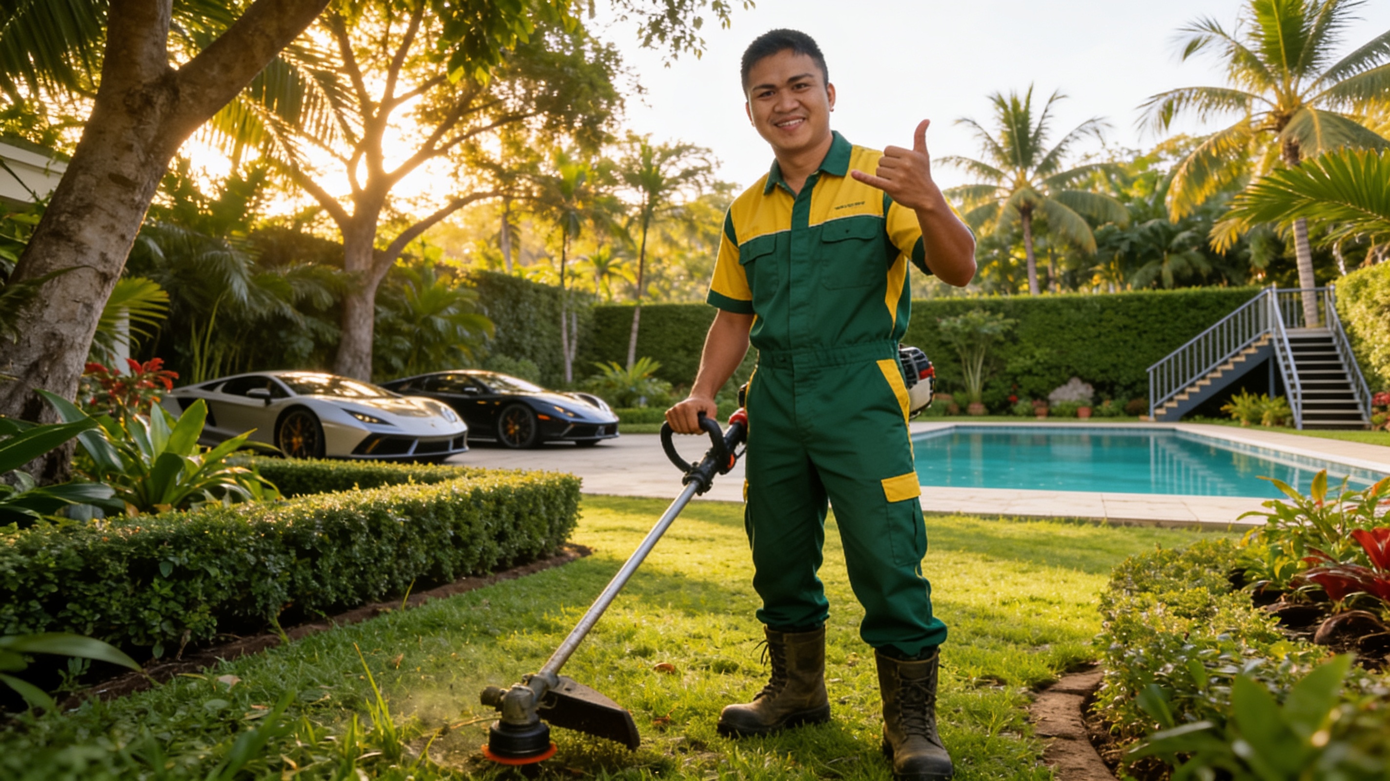A & J Landscaping Maintenance / Tree Service Inc team maintaining a pristine modern lawn with professional equipment lush green grass and sculpted hedges