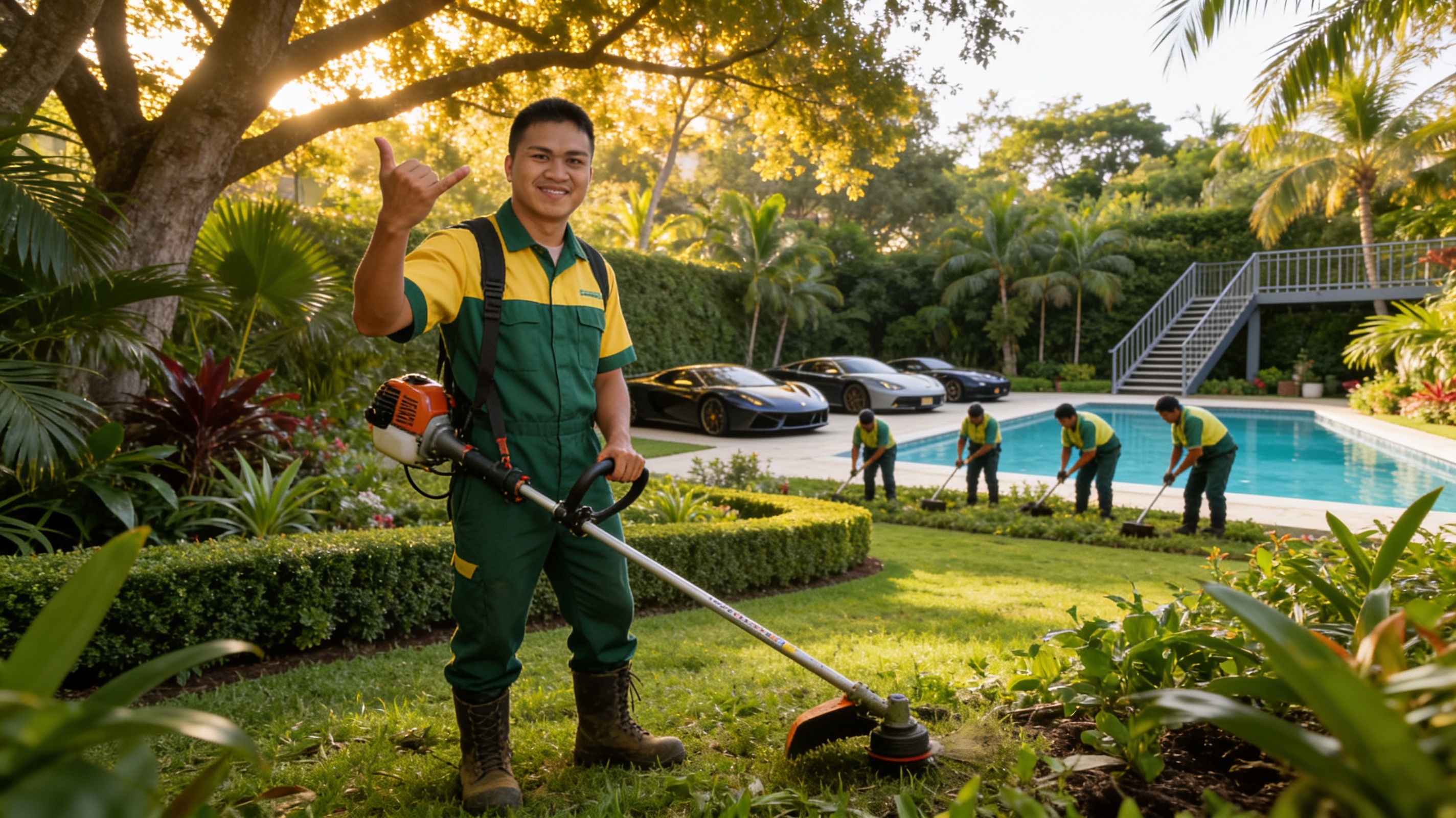 A & J Landscaping Maintenance / Tree Service Inc professional crew mowing and maintaining a beautifully manicured residential lawn with modern equipment