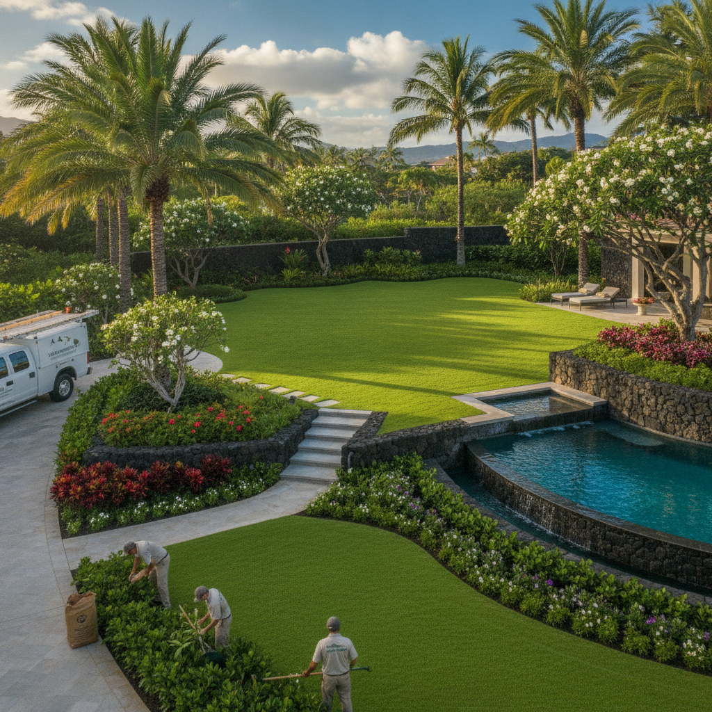 A & J Landscaping Maintenance / Tree Service Inc professional tropical island yard maintenance with lush palm trees, manicured green lawn, and pristine hardscaping in Hawaii