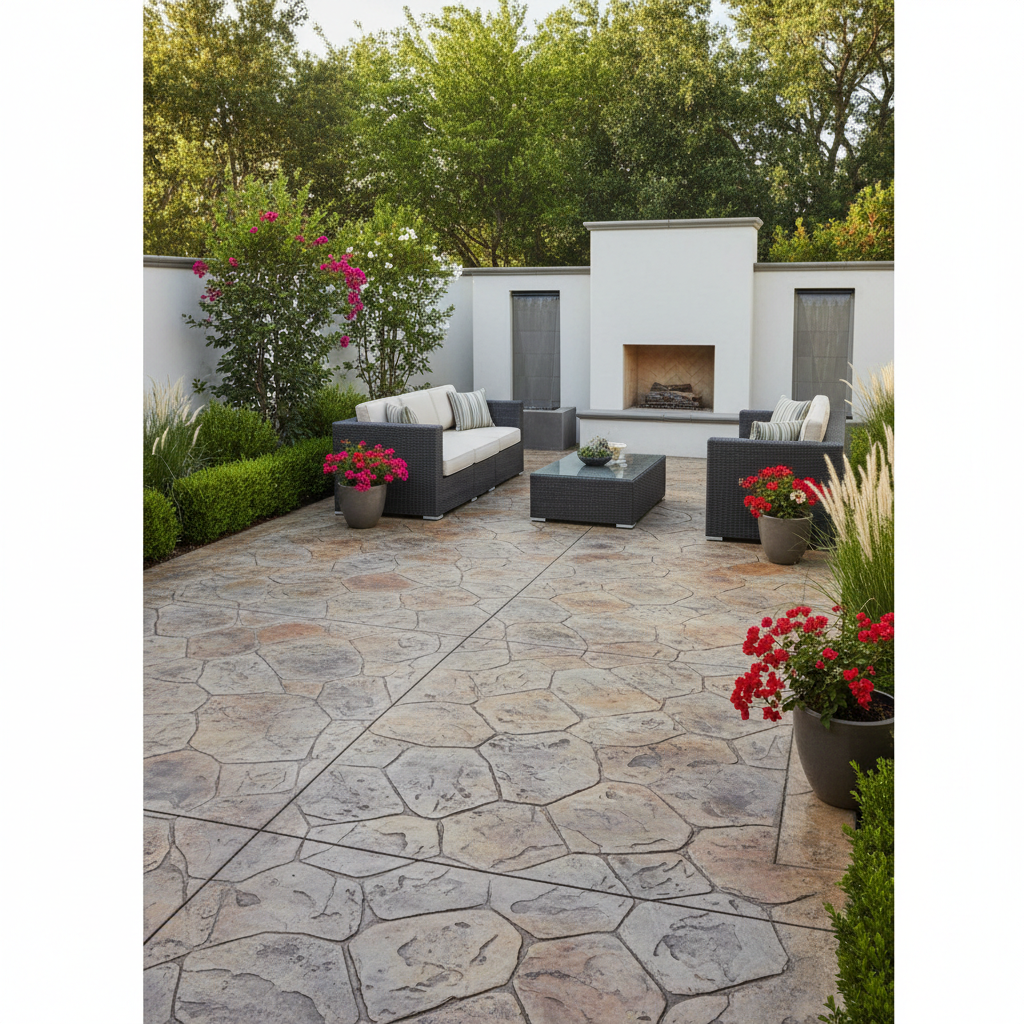 An elegant backyard patio with a stamped concrete overlay mimicking natural flagstone