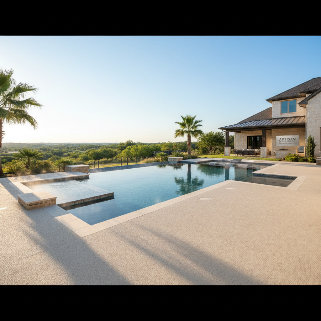 Premium pool deck overlay with cool-touch texture finish surrounding luxury swimming pool at upscale Texas home