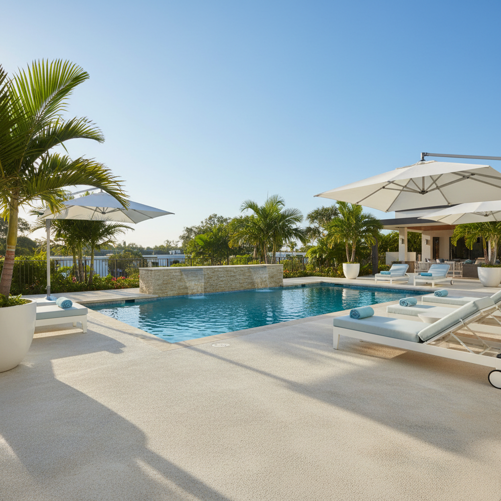 A luxurious poolside with a light-colored, cool-to-the-touch Texture Deck overlay