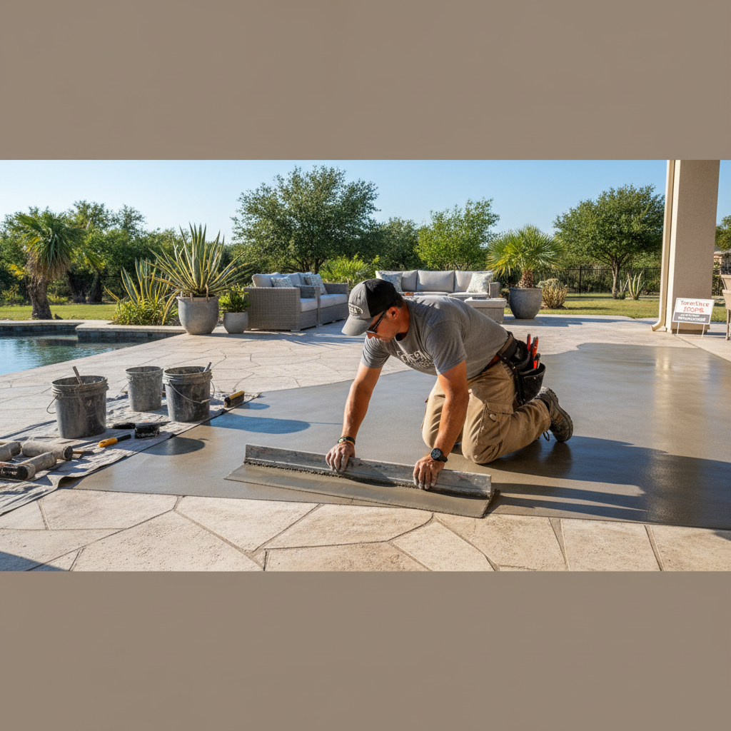 Artisan craftsman carefully applying a decorative concrete overlay to a patio surface