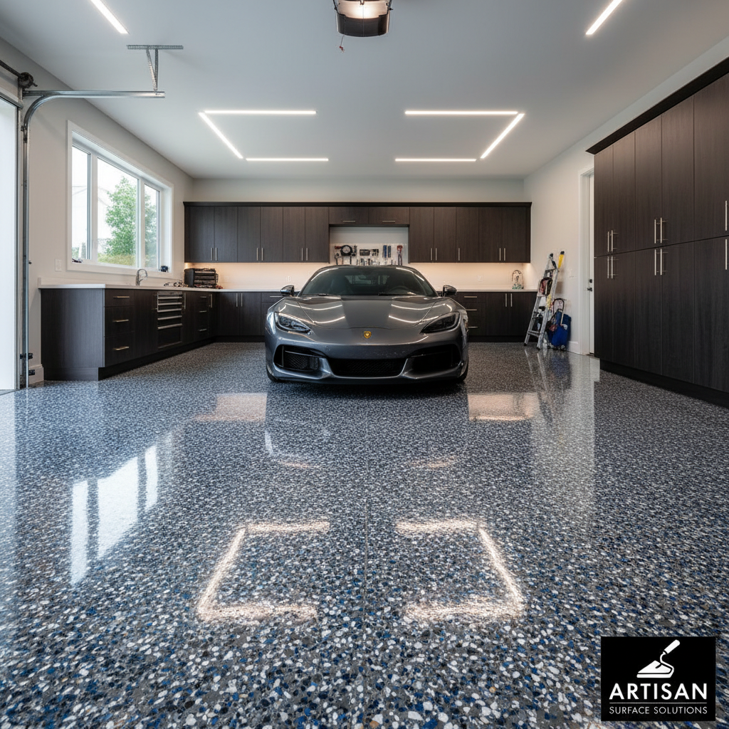 A pristine garage with a high-gloss, multi-colored flake epoxy floor coating
