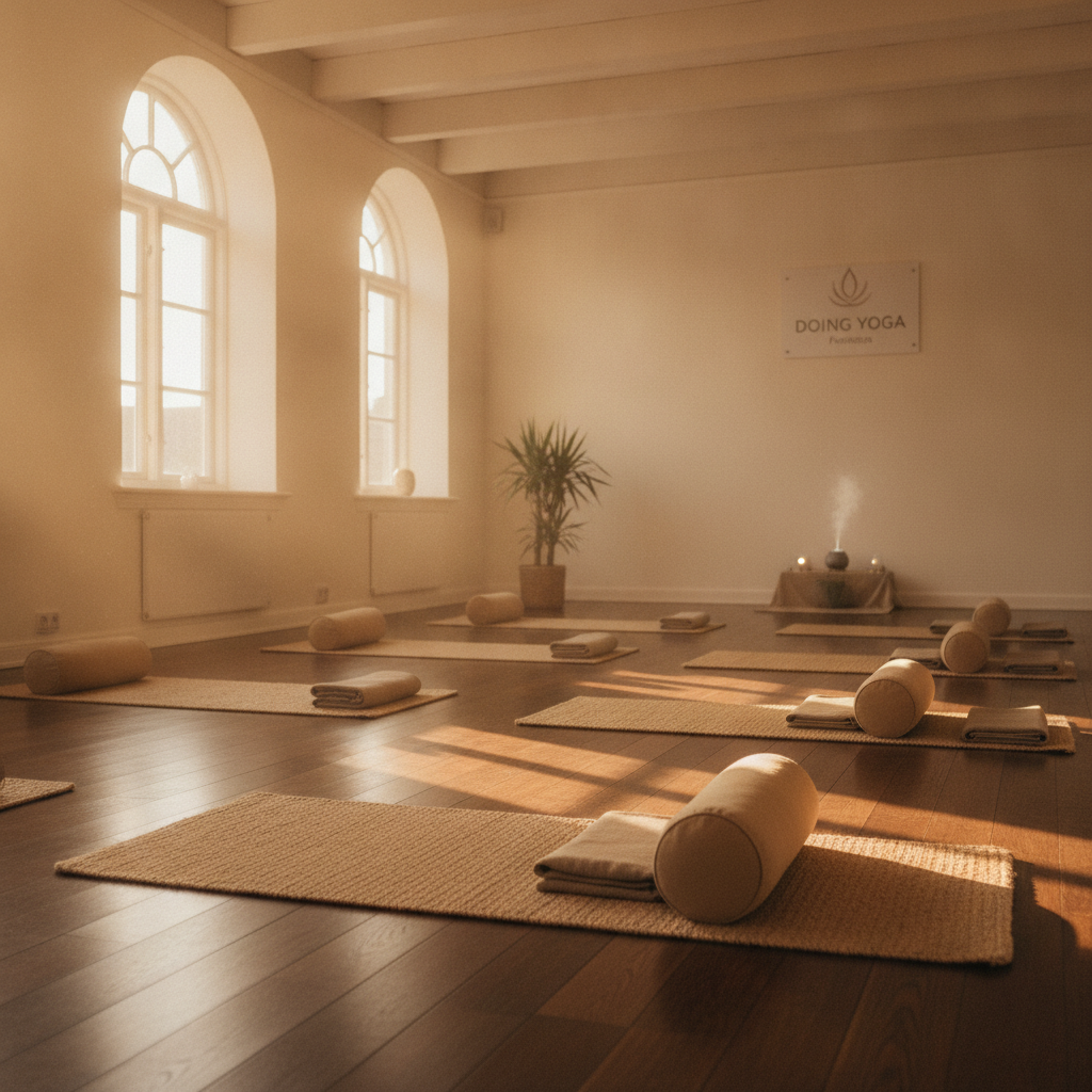 Fredfyldt DOING YOGA studieinteriør i Fredericia med varmt naturligt lys, der strømmer gennem vinduerne ned på polerede trægulve og yogamåtter