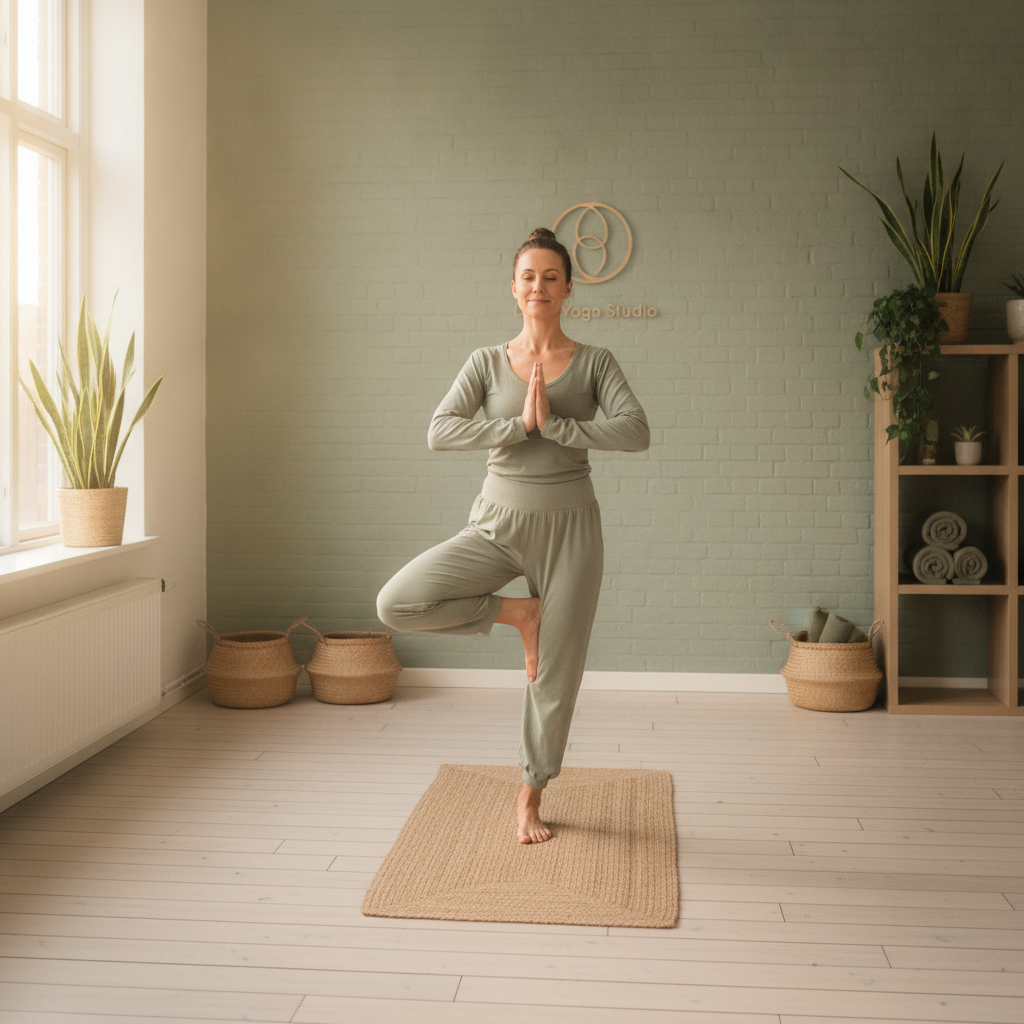 Rolig kvinde i træstilling under morgenyoga i et fredfyldt studie i Fredericia med blødt naturligt lys og salviegrønne toner