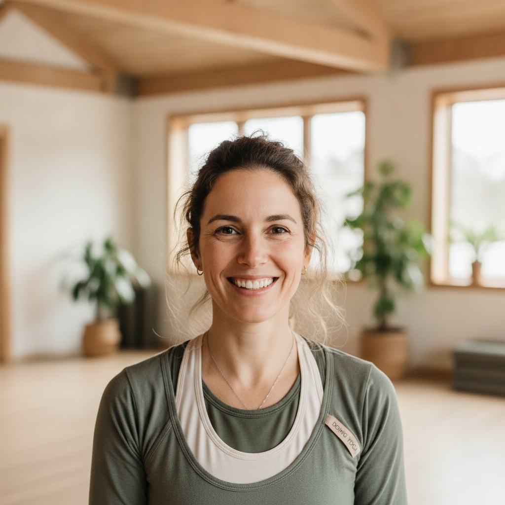 Portræt af Anna L, en mangeårig DOING YOGA elev, smilende varmt