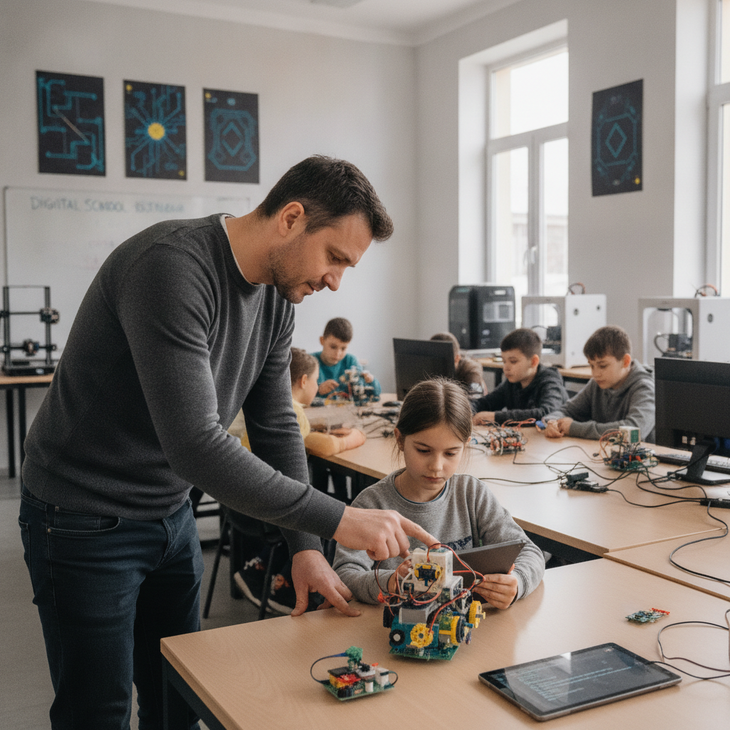 An experienced instructor helping a young student with a robotics project in a modern classroom.