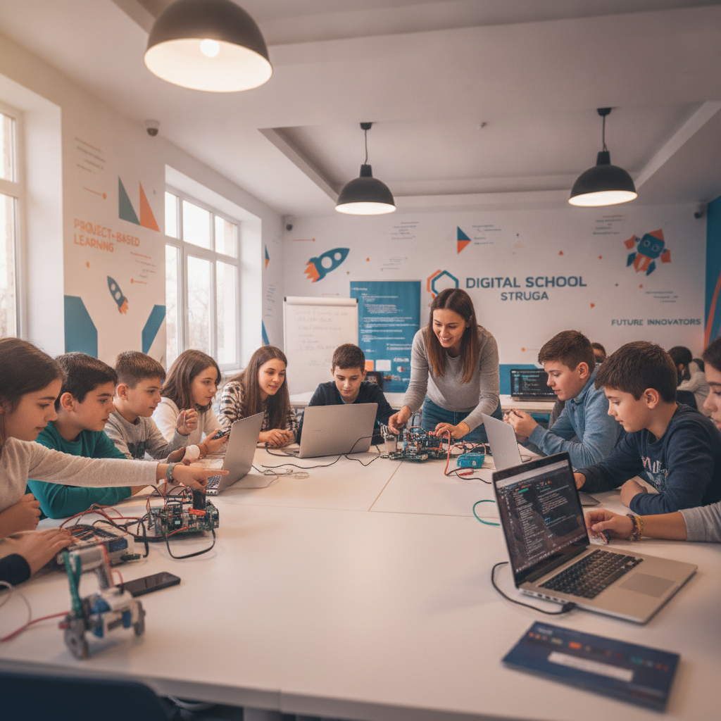 Young students collaboratively learning robotics and programming at Digital School Struga