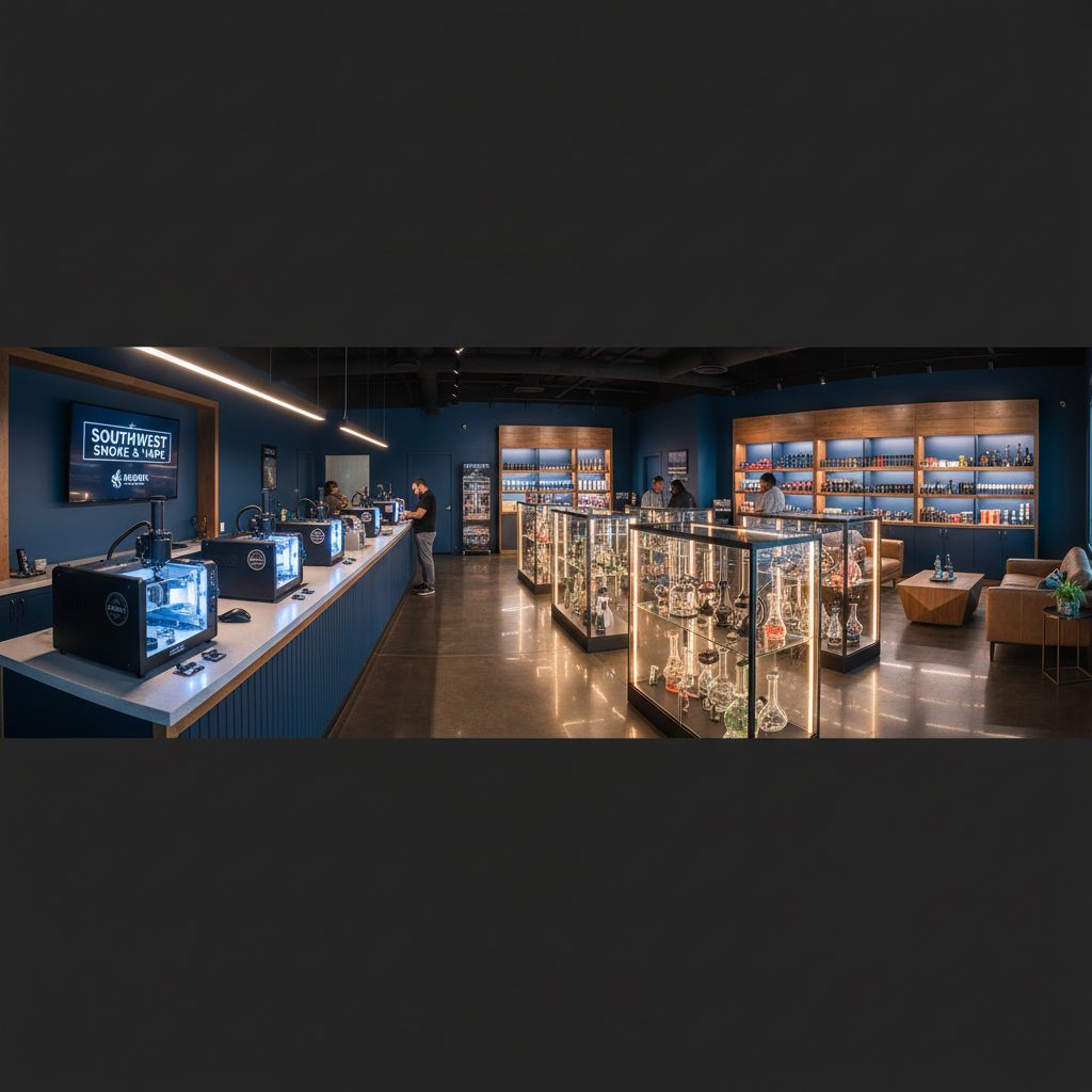 Sleek, modern interior of Southwest Smoke & Vape shop with glowing display cases and premium products