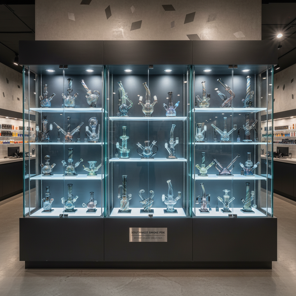 High-end glass smoking accessories perfectly lit in a premium display case at Southwest Smoke PDX