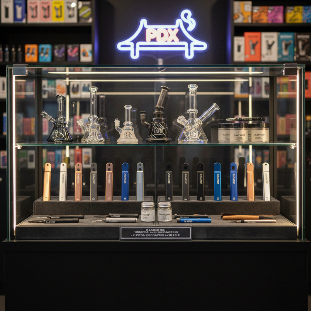 Premium Kasher tools and accessories displayed in a sleek modern Portland smoke shop case