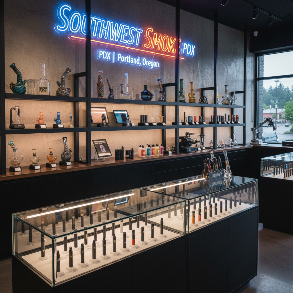 Sleek modern vape product displays and electronic smoking devices in Portland store