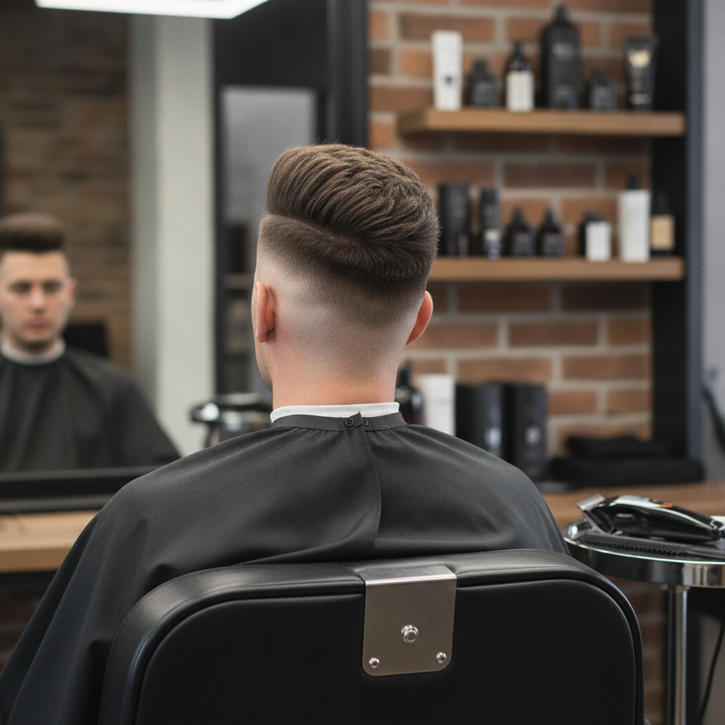 Clean high-top fade haircut with a crisp lineup on a male client in a barber chair