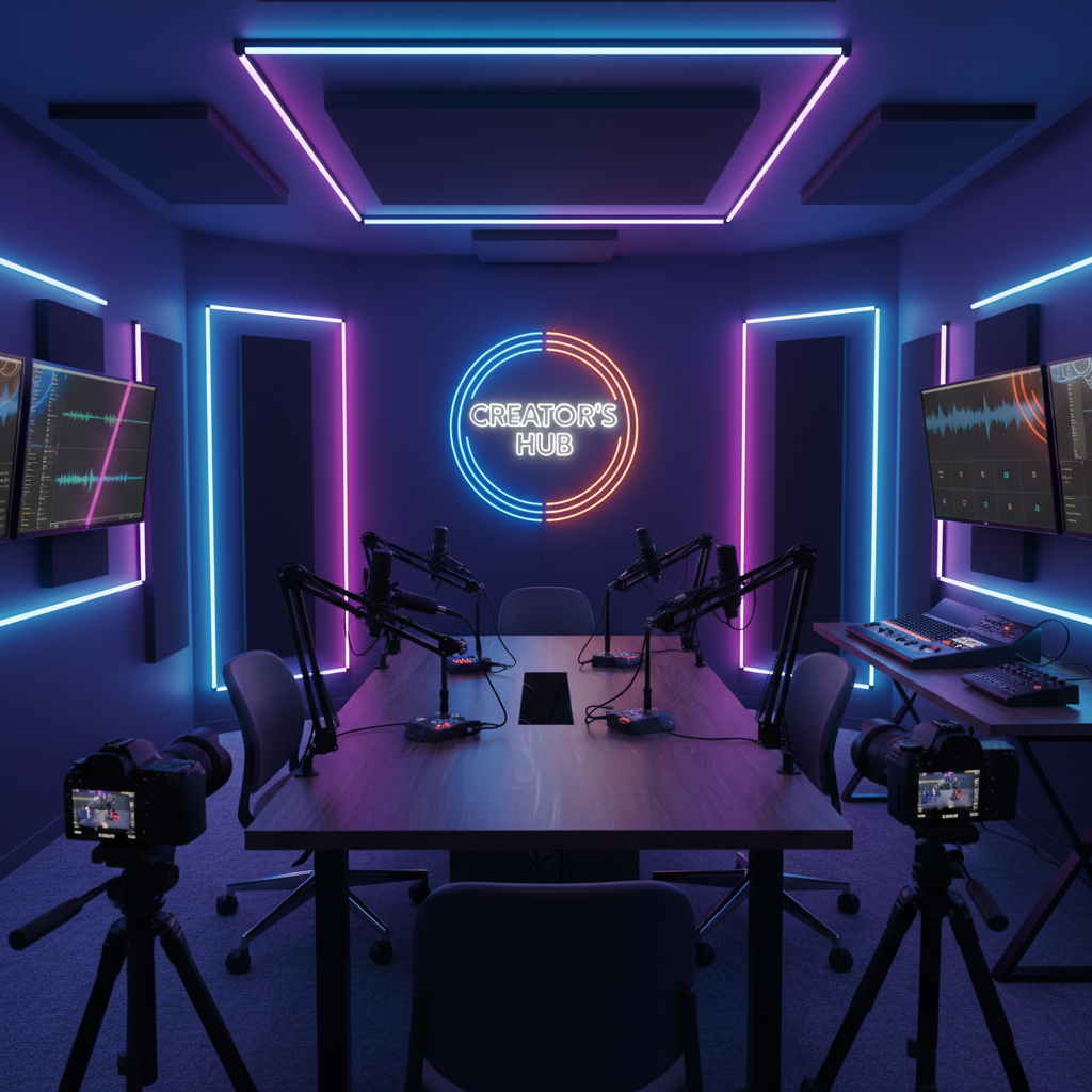 Professional podcasting and live streaming studio setup with neon lighting, premium microphones, and multi-camera stage ready for creators