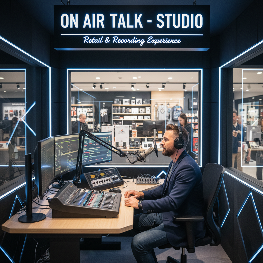 Professional podcaster utilizing a high-end soundproof studio inside an On Air Talk retail location