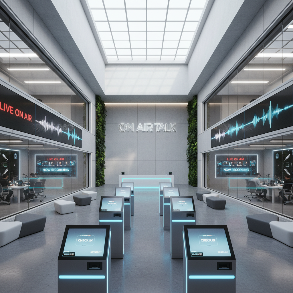 Wide architectural render of the On Air Talk retail lobby showing automated check-in kiosks and glass-walled studio stages