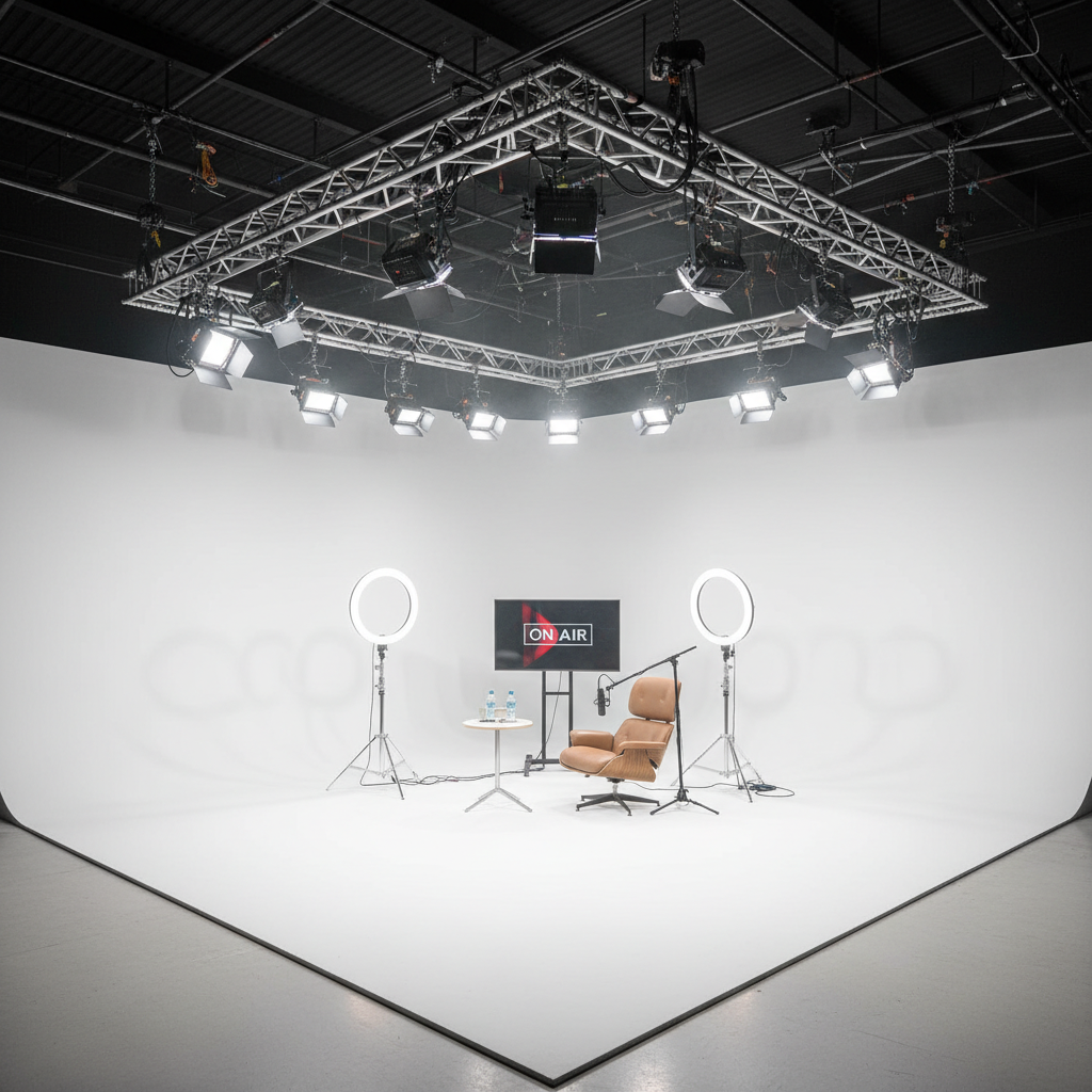 Close up view of an On Air Talk photography and video stage featuring a cyclorama wall and professional lighting grid
