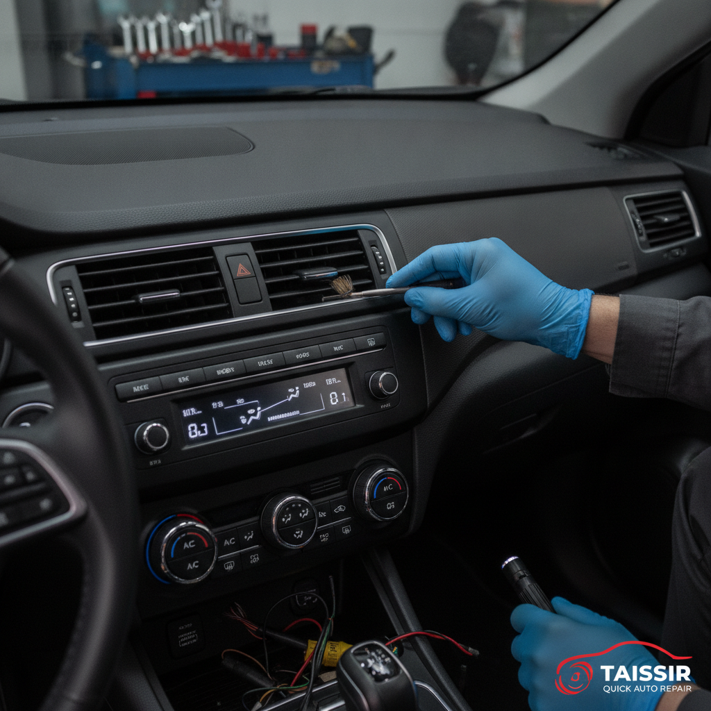 Car dashboard air conditioning vents and climate control system being serviced by mechanic