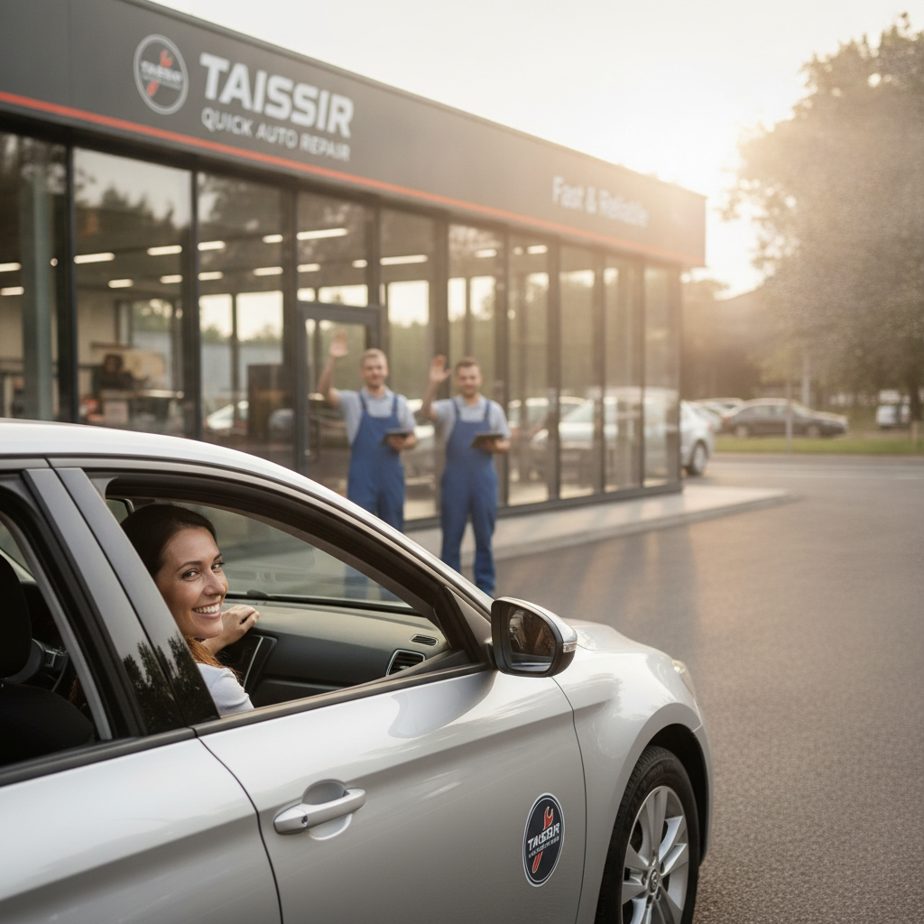 Happy customer driving away from auto repair shop in repaired car