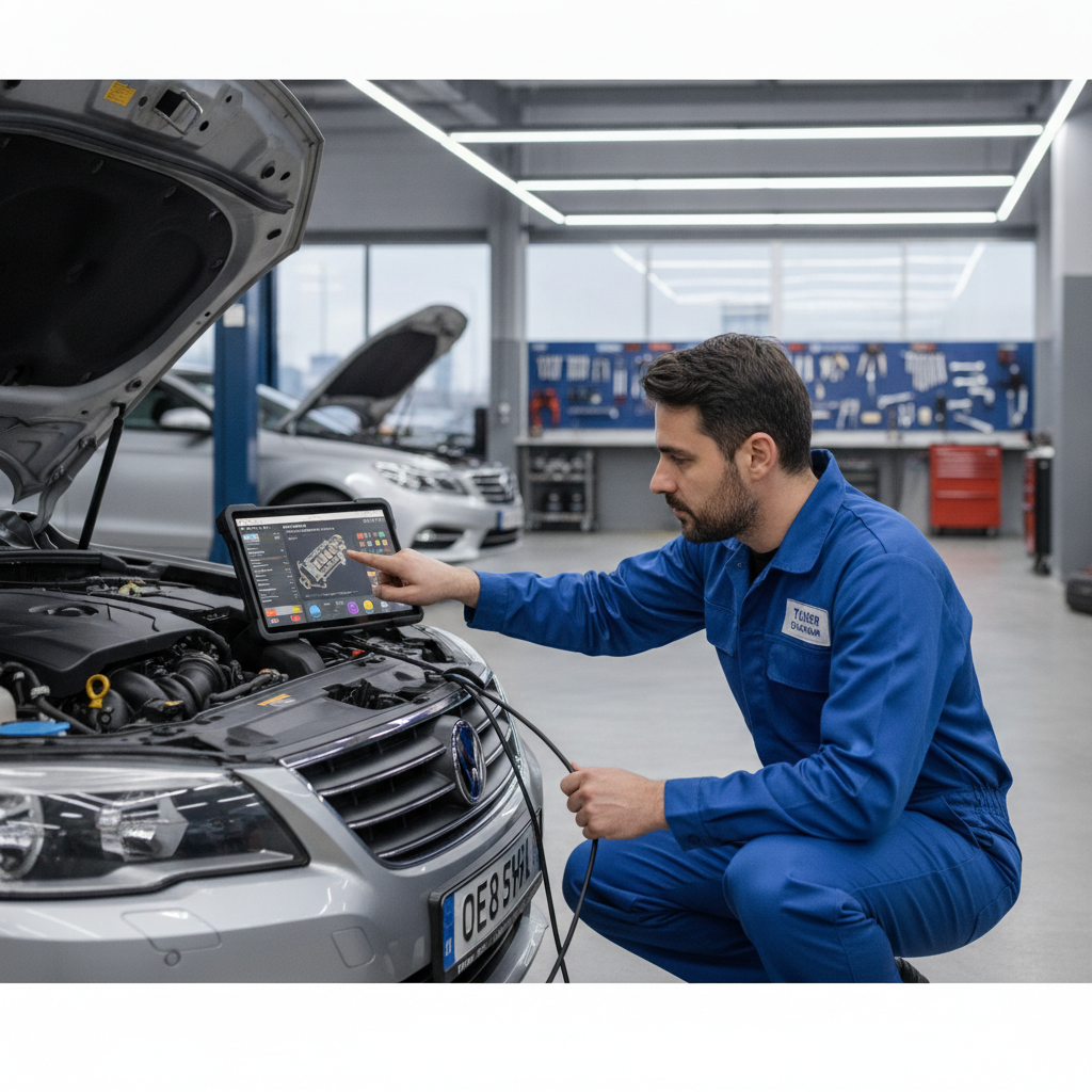 Mechanic using OBD2 computer scanner to diagnose car engine problems in modern auto repair shop