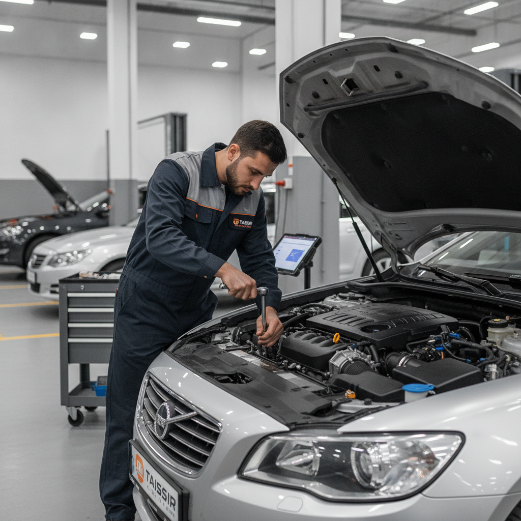 Professional Taissir mechanic meticulously working on a modern car engine in a clean workshop
