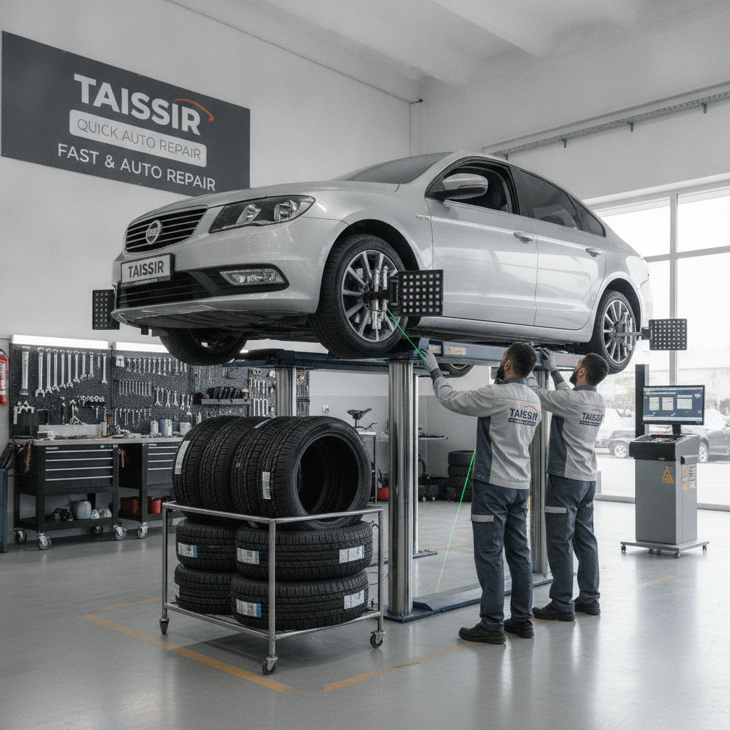 Professional tire installation and wheel alignment service with new tires mounted on car in repair shop