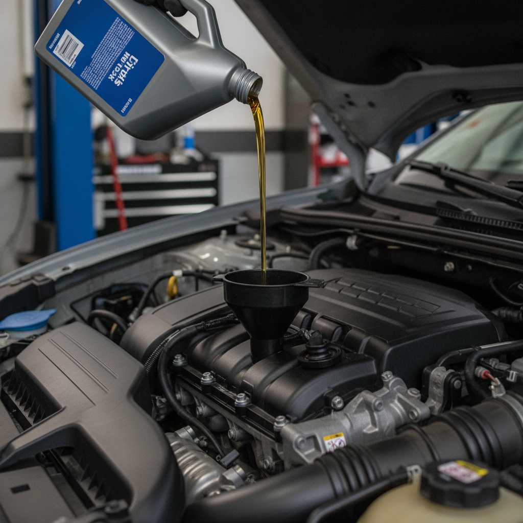 Fresh golden motor oil being poured into car engine during professional oil change service