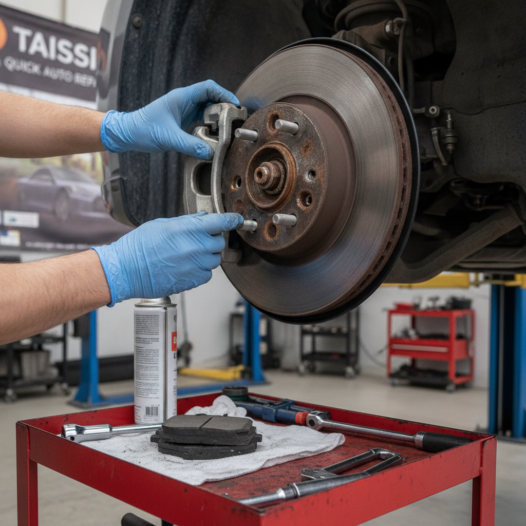 Close-up view of car brake disc and caliper repair with mechanic hands installing new brake pads