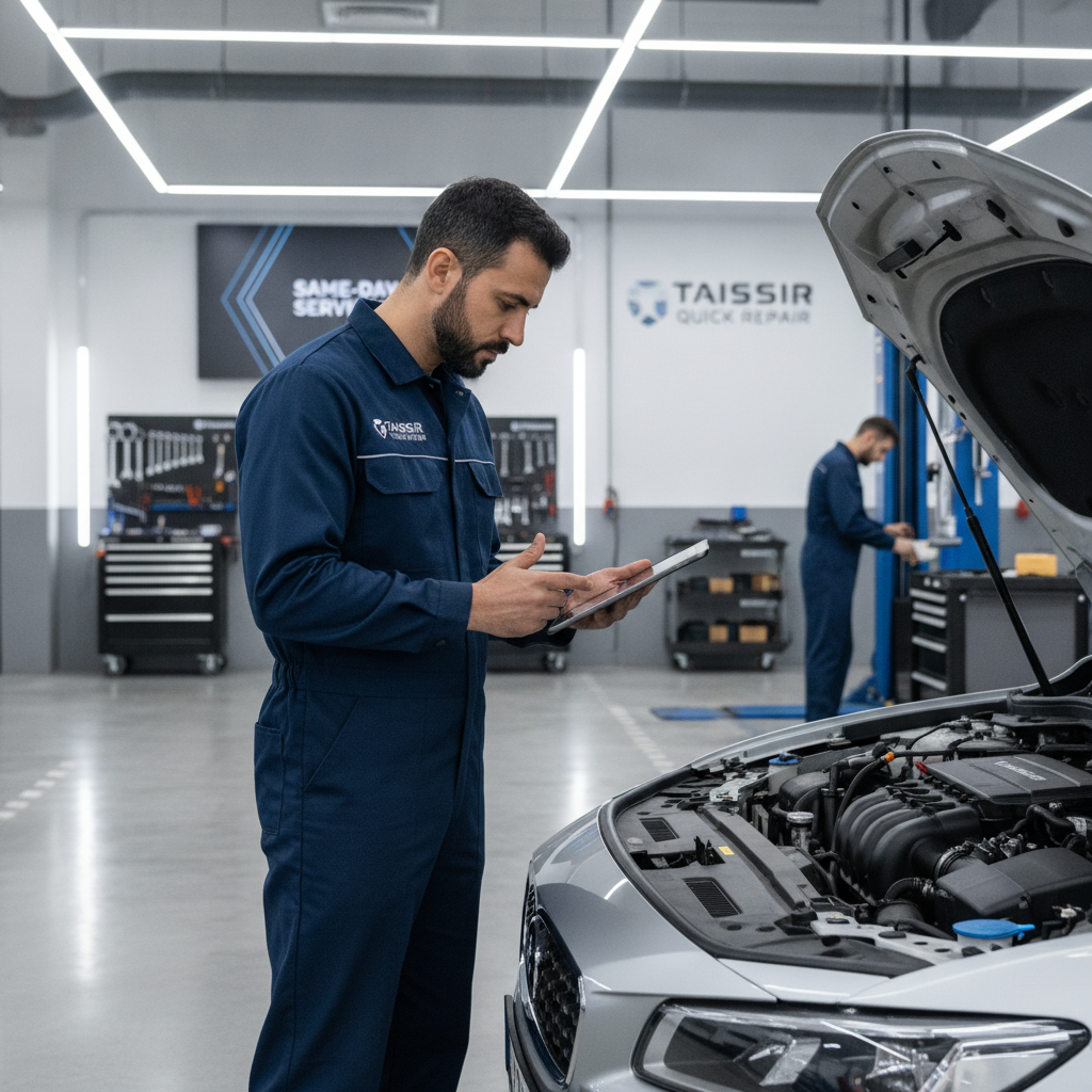 Professional mechanic inspecting a vehicle in a pristine, modern auto repair bay at Taissir Quick Repair