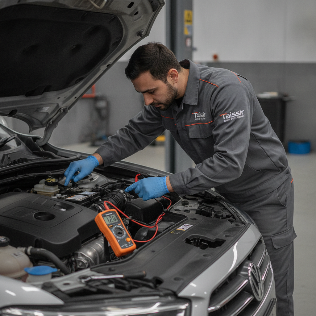 Auto technician testing car battery with voltmeter and inspecting electrical wiring under vehicle hood