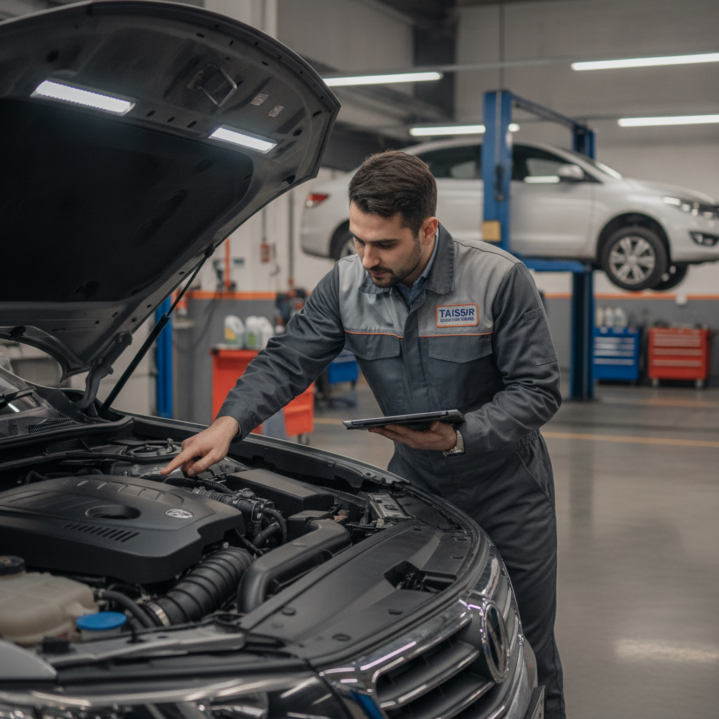 Certified mechanic working under the hood of a car in modern garage