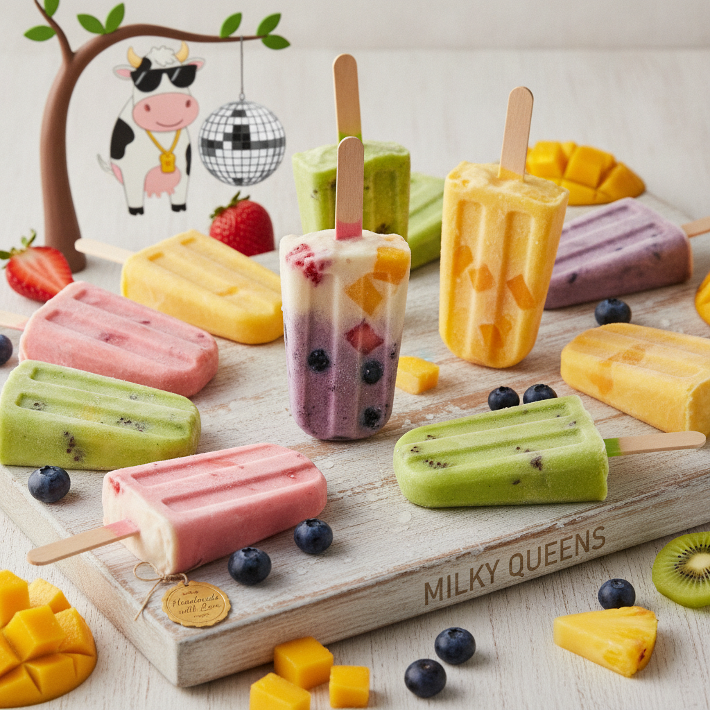 A colourful assortment of tropical fruit-flavoured MB Milky Pops made in Ayr Australia