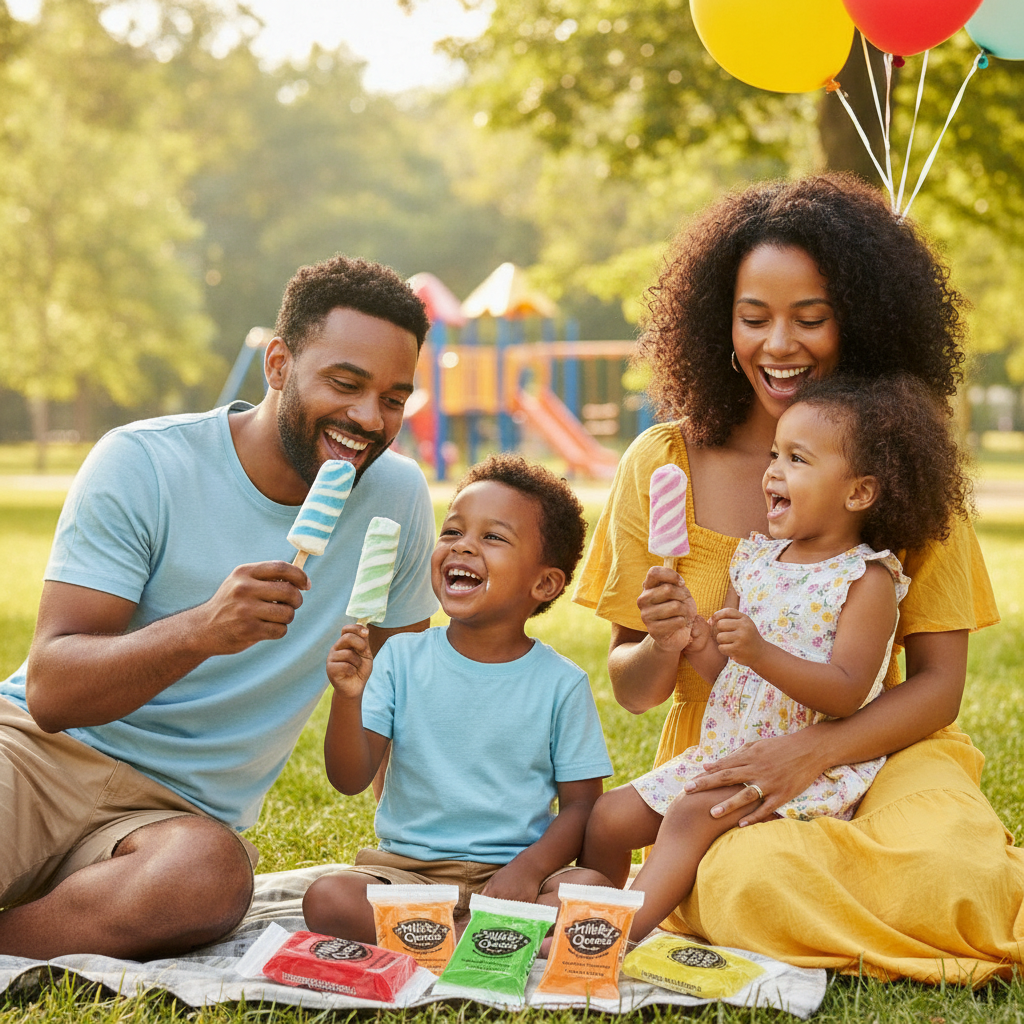 Happy Australian family with young children smiling and enjoying colorful MB milk pops outdoors in Ayr on a sunny day.