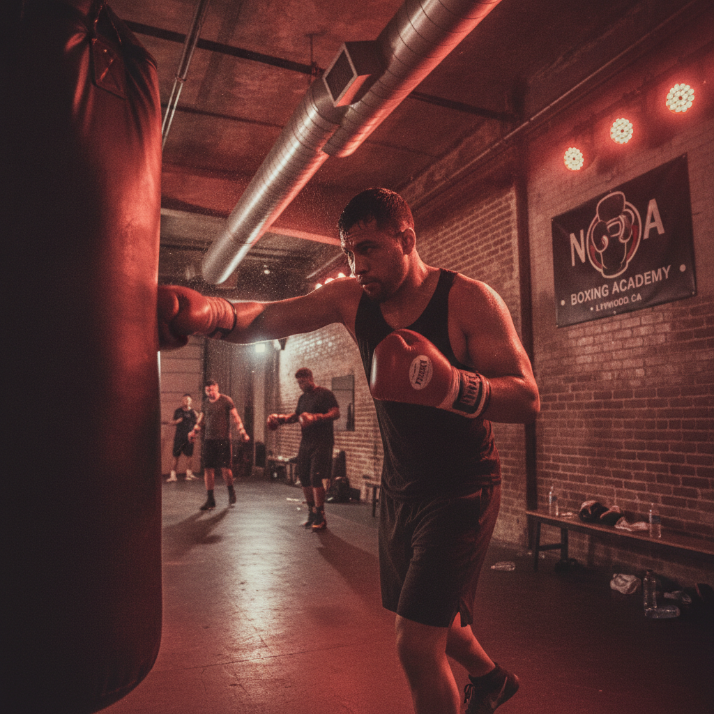 Intense boxer training on heavy bag in gritty industrial boxing gym with dramatic red lighting sweat and determination Lynwood California