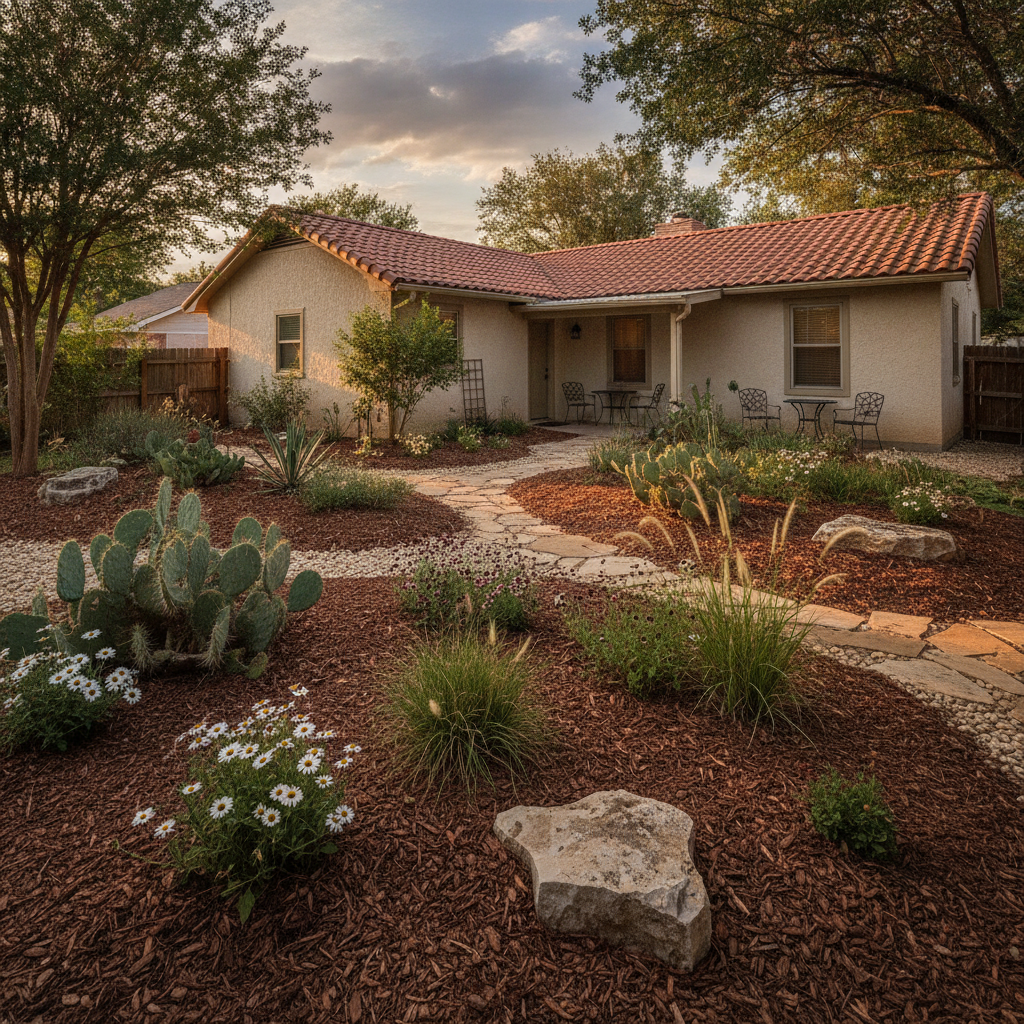 Modest San Antonio home garden with Texas native plants, fresh mulch beds, and decorative stones