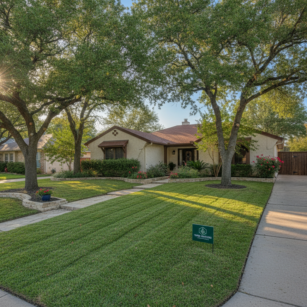 Typical San Antonio suburban home front lawn after maintenance with freshly mowed grass and trimmed edges