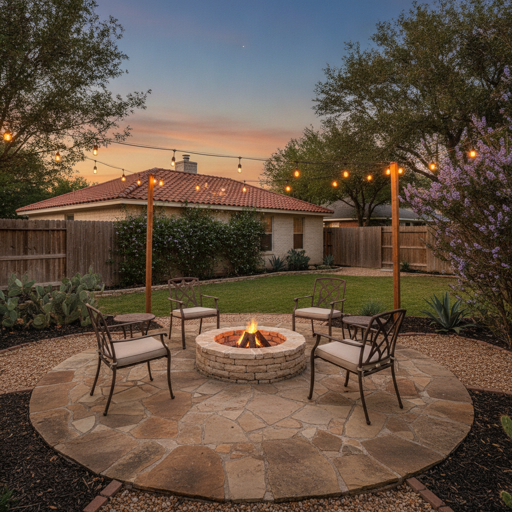 Average San Antonio backyard with stone patio and fire pit surrounded by modest seating