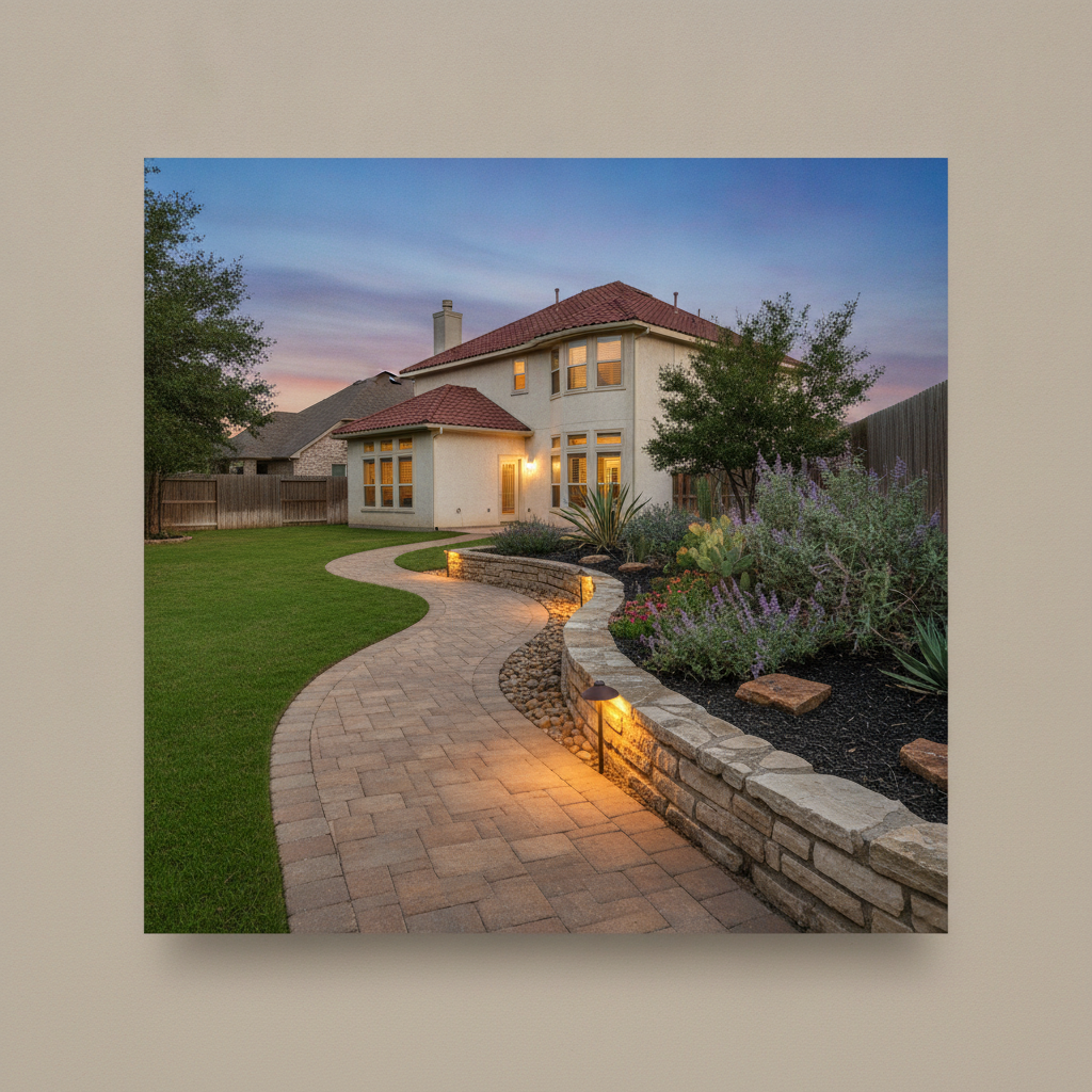 Standard San Antonio home backyard with paver walkway, small stone retaining wall, and simple landscape lighting