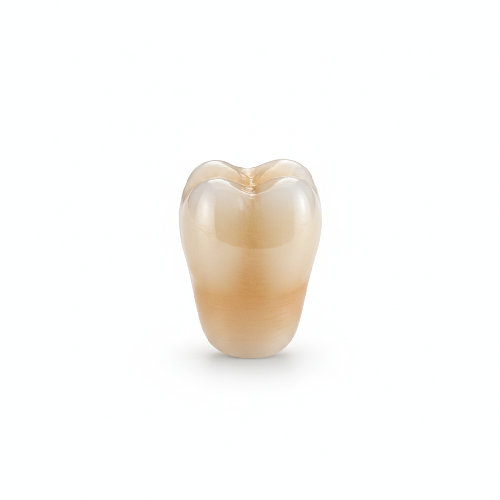 Premium Zirconia dental crown restoration with natural tooth shade gradient on clinical white background