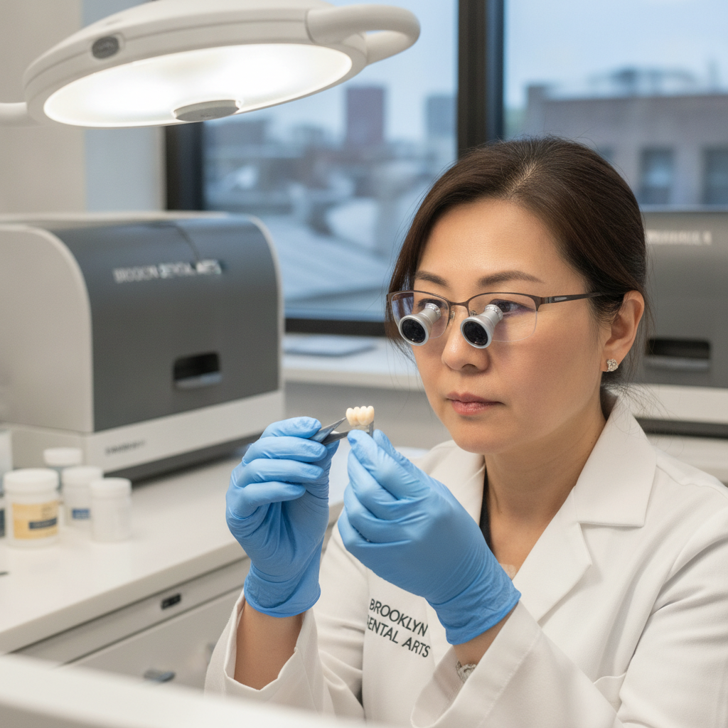 Skilled dental technician carefully examining a ceramic dental crown in Brooklyn Dental Laboratory Pretoria