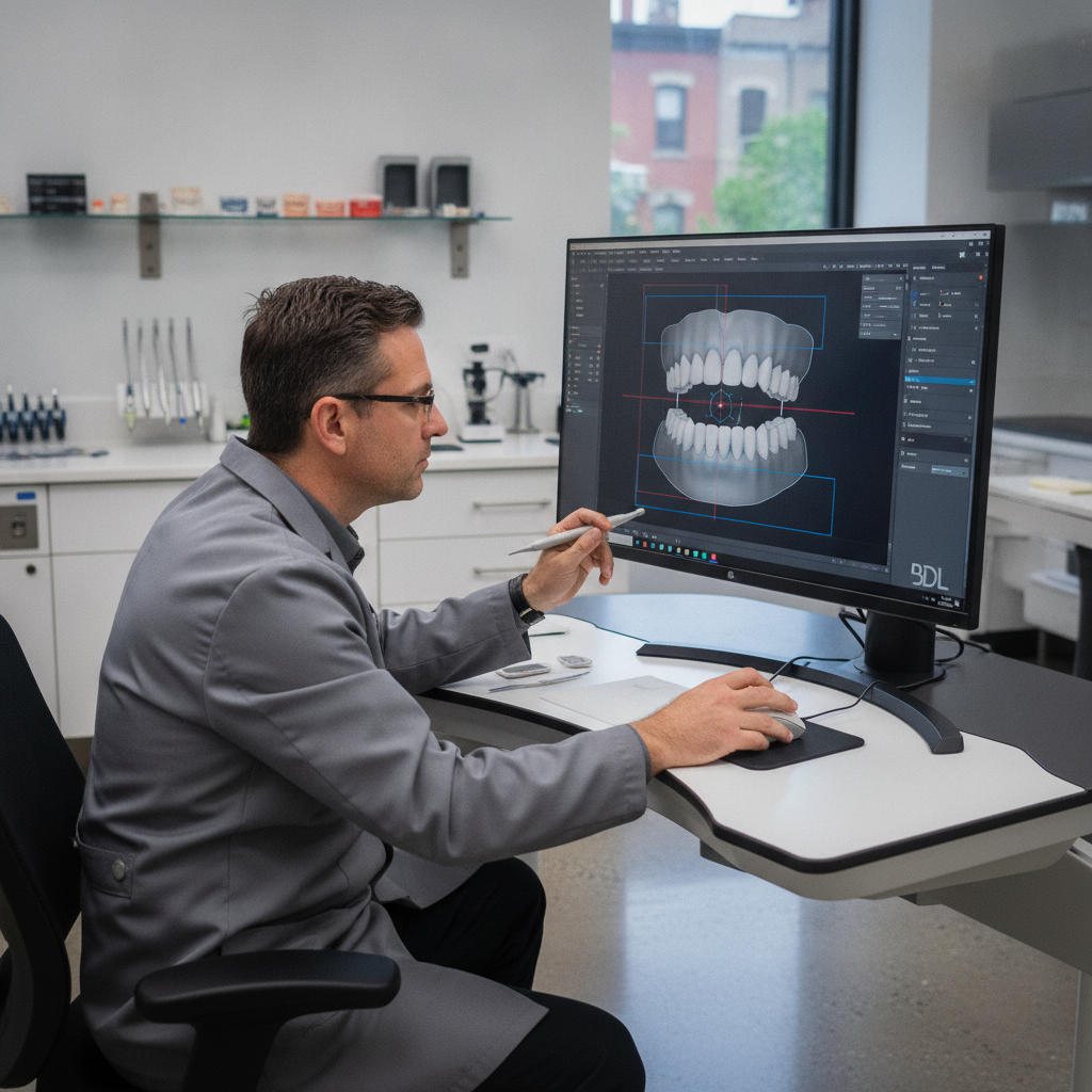 Dental technician reviewing a digital restoration design on a computer monitor at Brooklyn Dental Laboratory in Pretoria