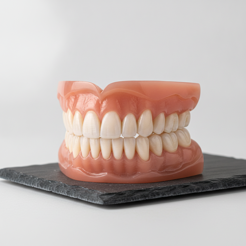 Complete upper denture prosthetic with pink acrylic gingiva and natural-looking porcelain teeth on display