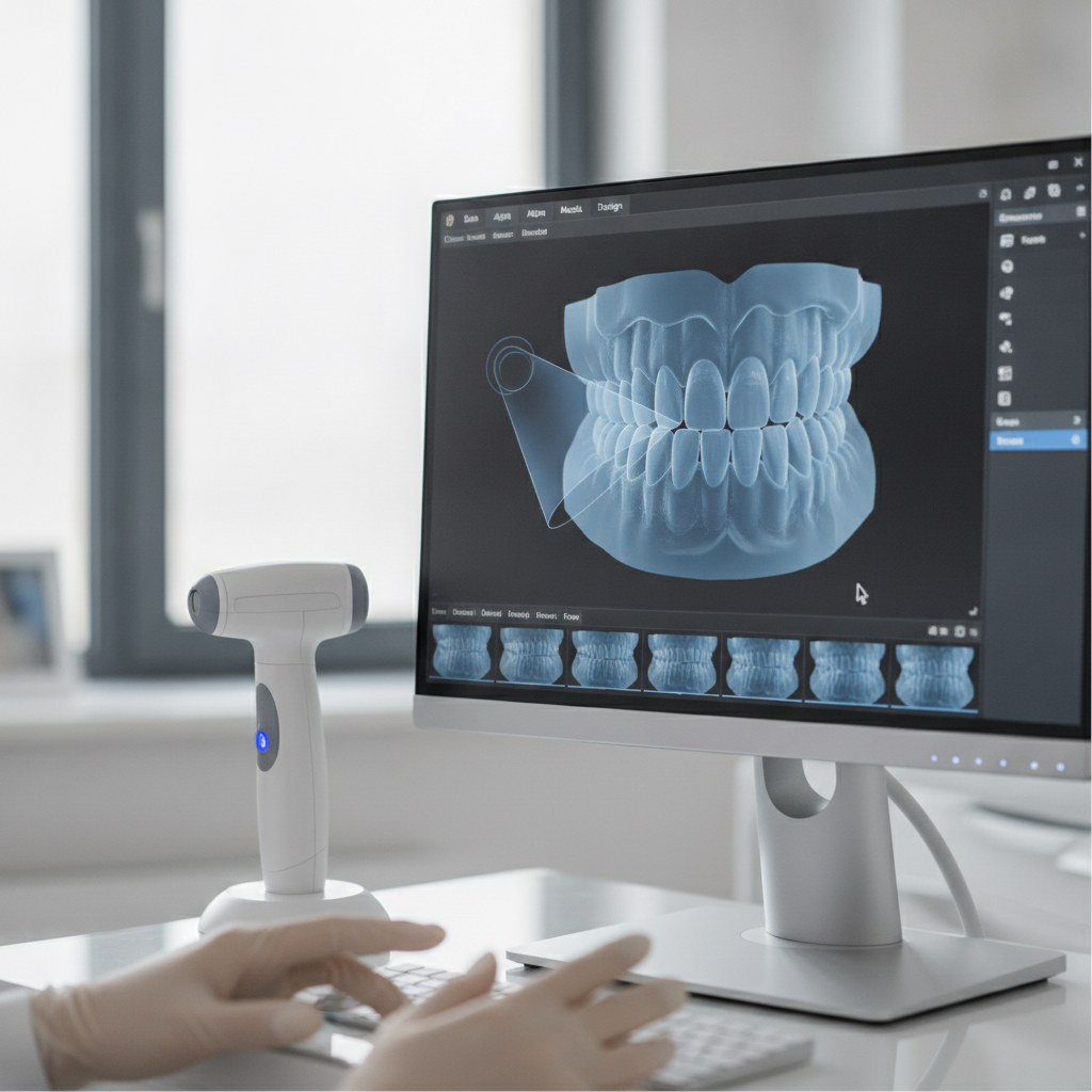 Digital 3D dental scan displayed in CAD design software showing intraoral scanner workflow on computer monitor